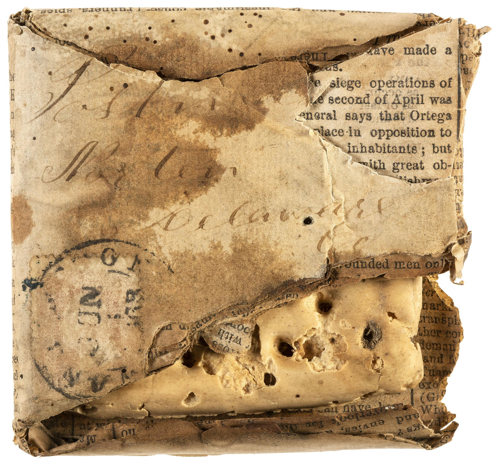 [CIVIL WAR]. Civil War hardtack in original makeshift newspaper mailing envelope. June 1863.  (1 of 2)