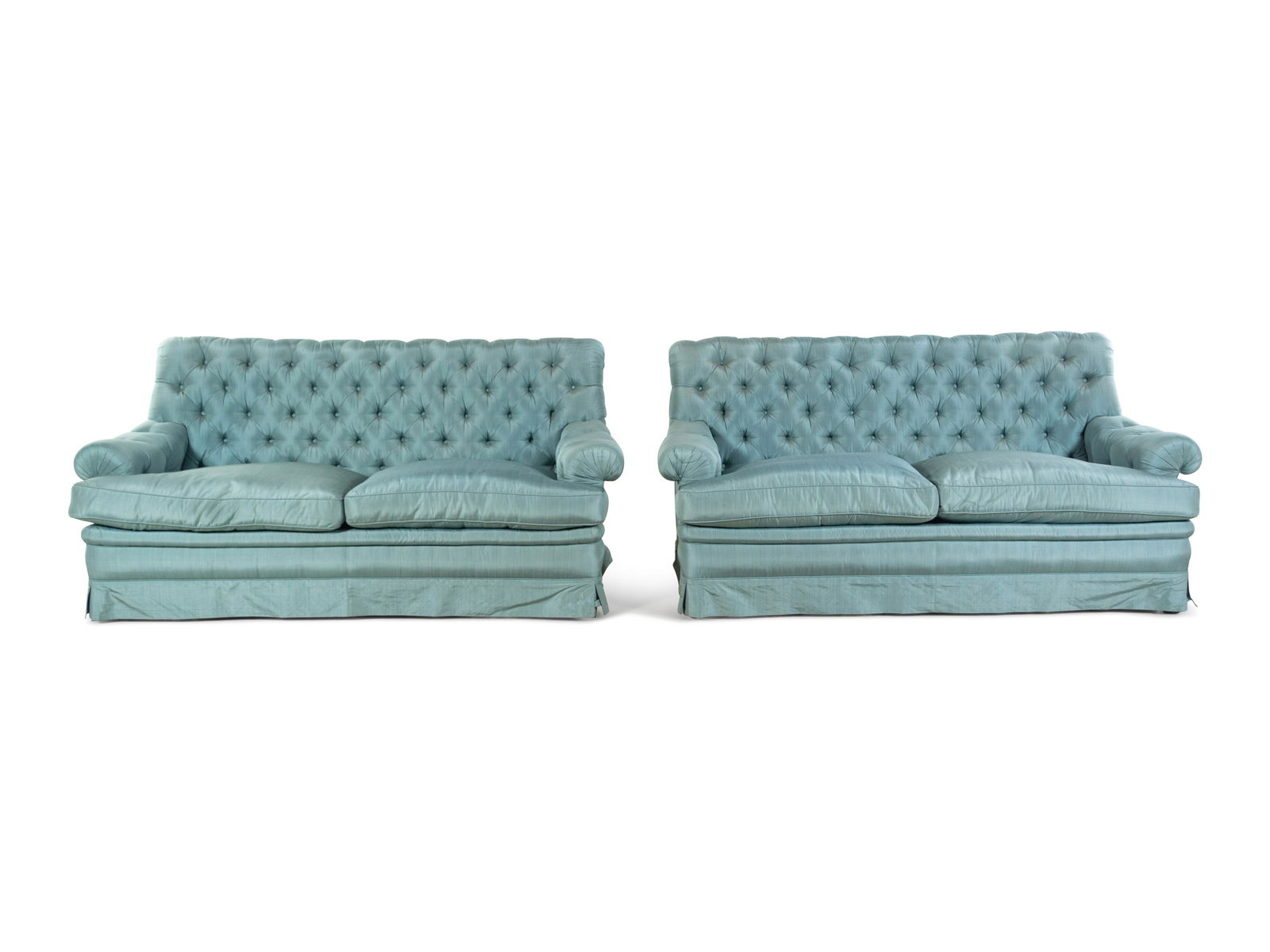 A Pair of Custom French Silk-Upholstered Button Tufted Sofas: A Pair of Custom French Silk-Upholstered Button Tufted Sofas Height 36 x width 73 x depth 37 inches. Property from a house and garden designed by David Hicks, Bloomfield Hills, Michigan Provenance: Ch