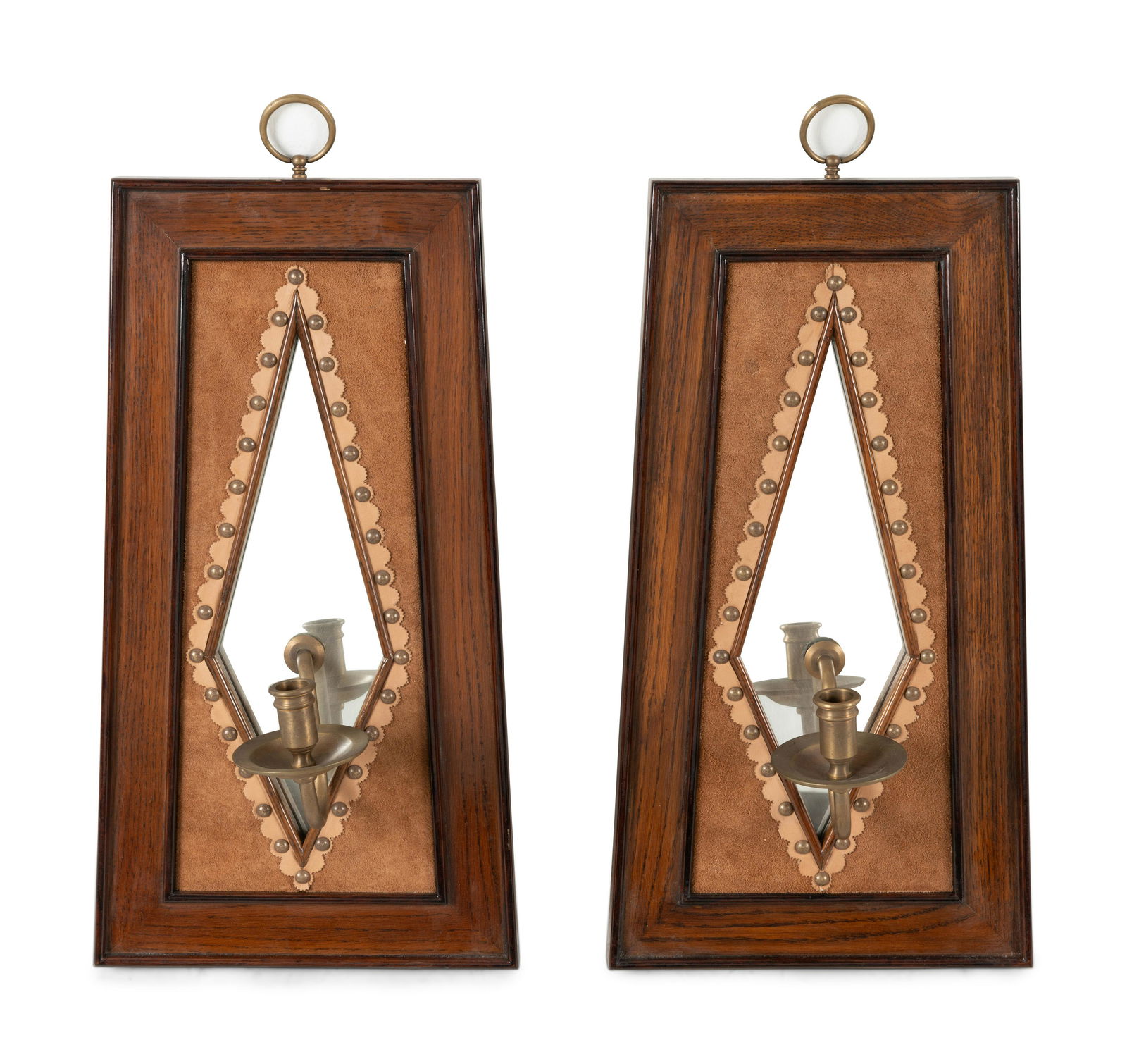 A Pair of Brass Mounted Suede-Inset Oak Mirrored Sconces (1 of 3)