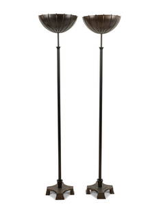 A Pair of Brass and Copper Torcheres After the Design by Eliel Saarinen: A Pair of Brass and Copper Torcheres After the Design by Eliel Saarinen Height 68 1/2 x diameter of shade 14 1/2 inches. Property from the Collection of Marjorie Staples, Chicago, Illinois Note: These