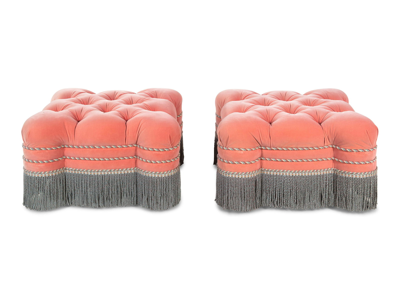A Pair of Button Tufted Velvet Upholstered Ottomans with Bullion Fringe (1 of 3)