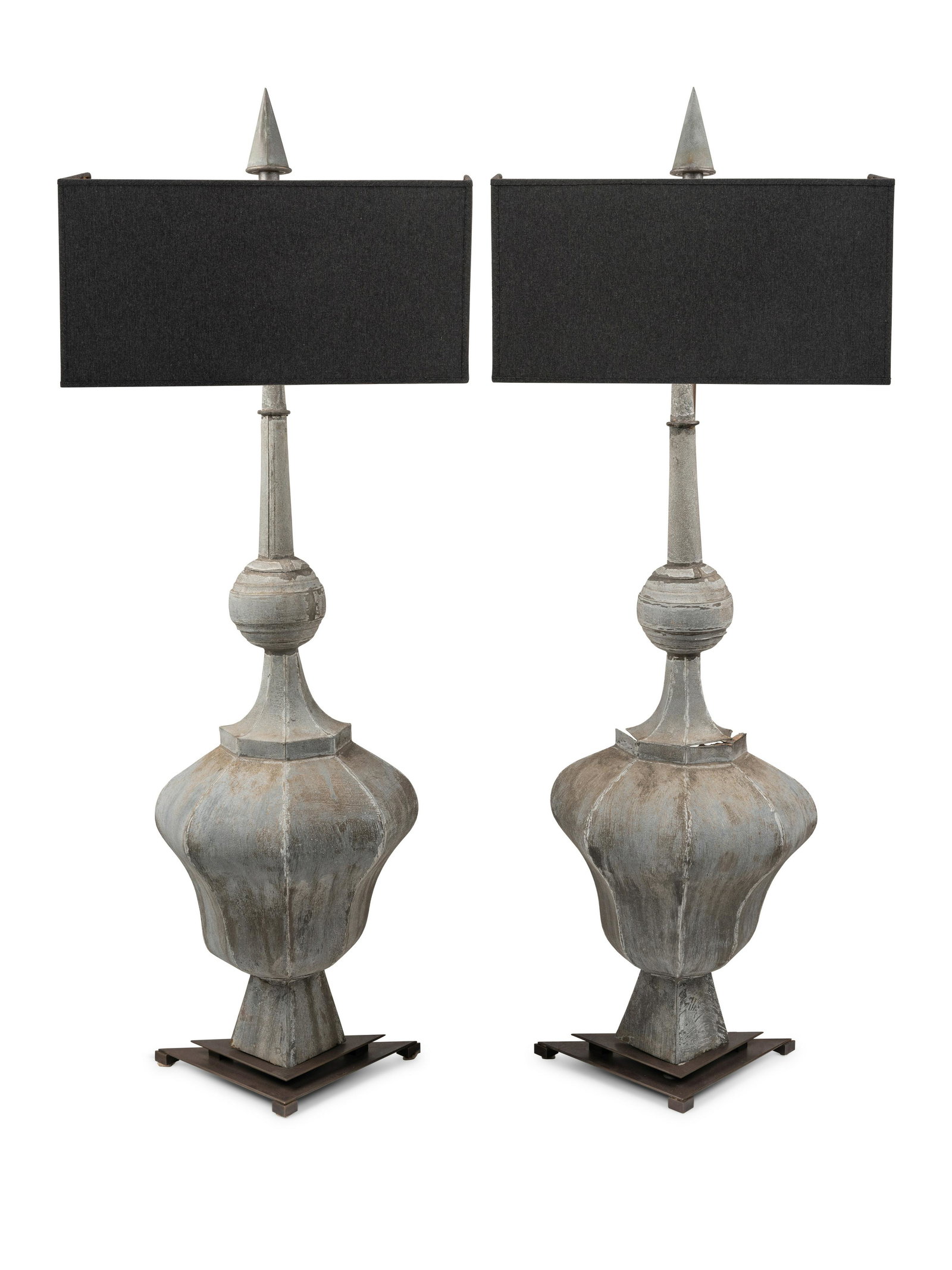 A Pair of Tole Baluster Finials Mounted as Lamps: A Pair of Tole Baluster Finials Mounted as Lamps with half square linen shades. Height 39 x width 19 3/4 inches.