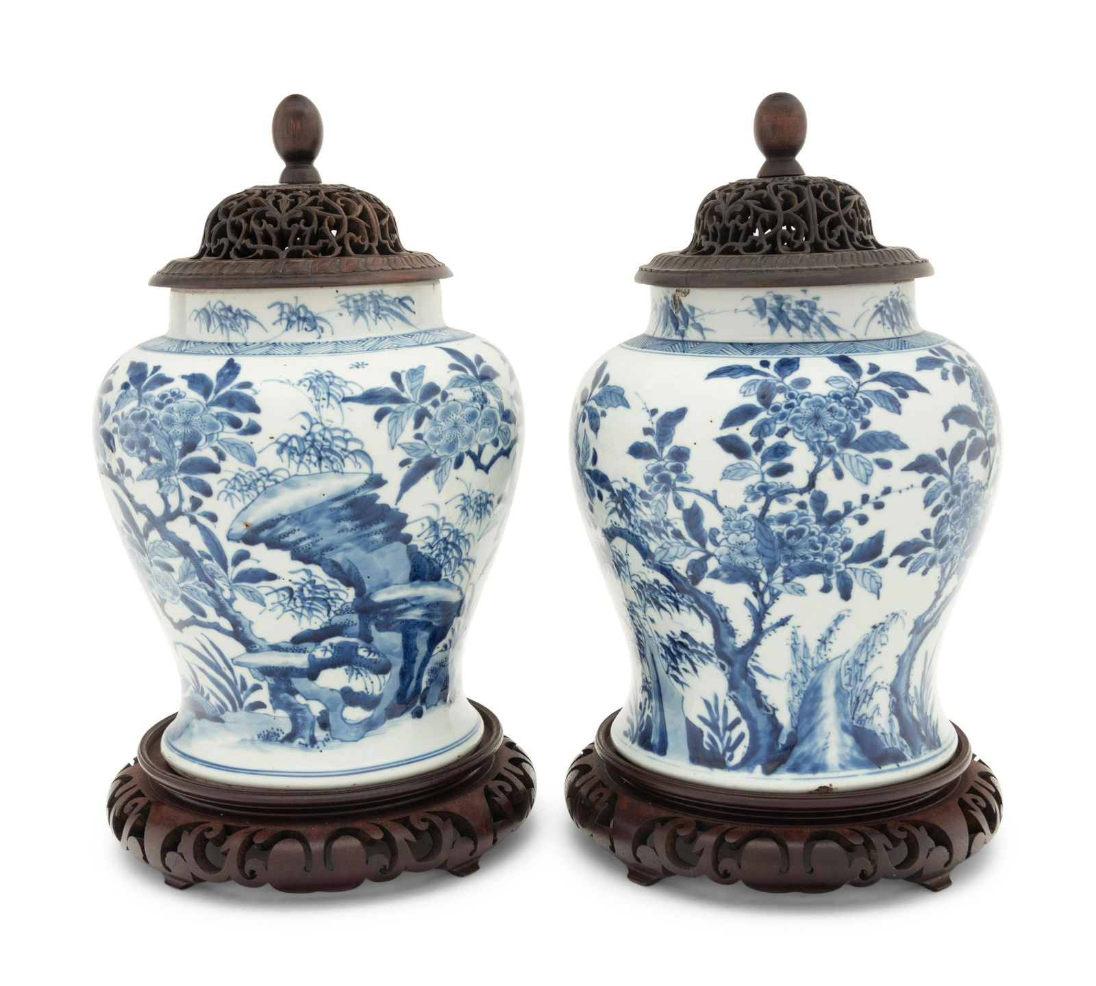 A Pair of Chinese Blue and White Porcelain Ginger Jars with Pierced Wood Lids and Stands (1 of 3)