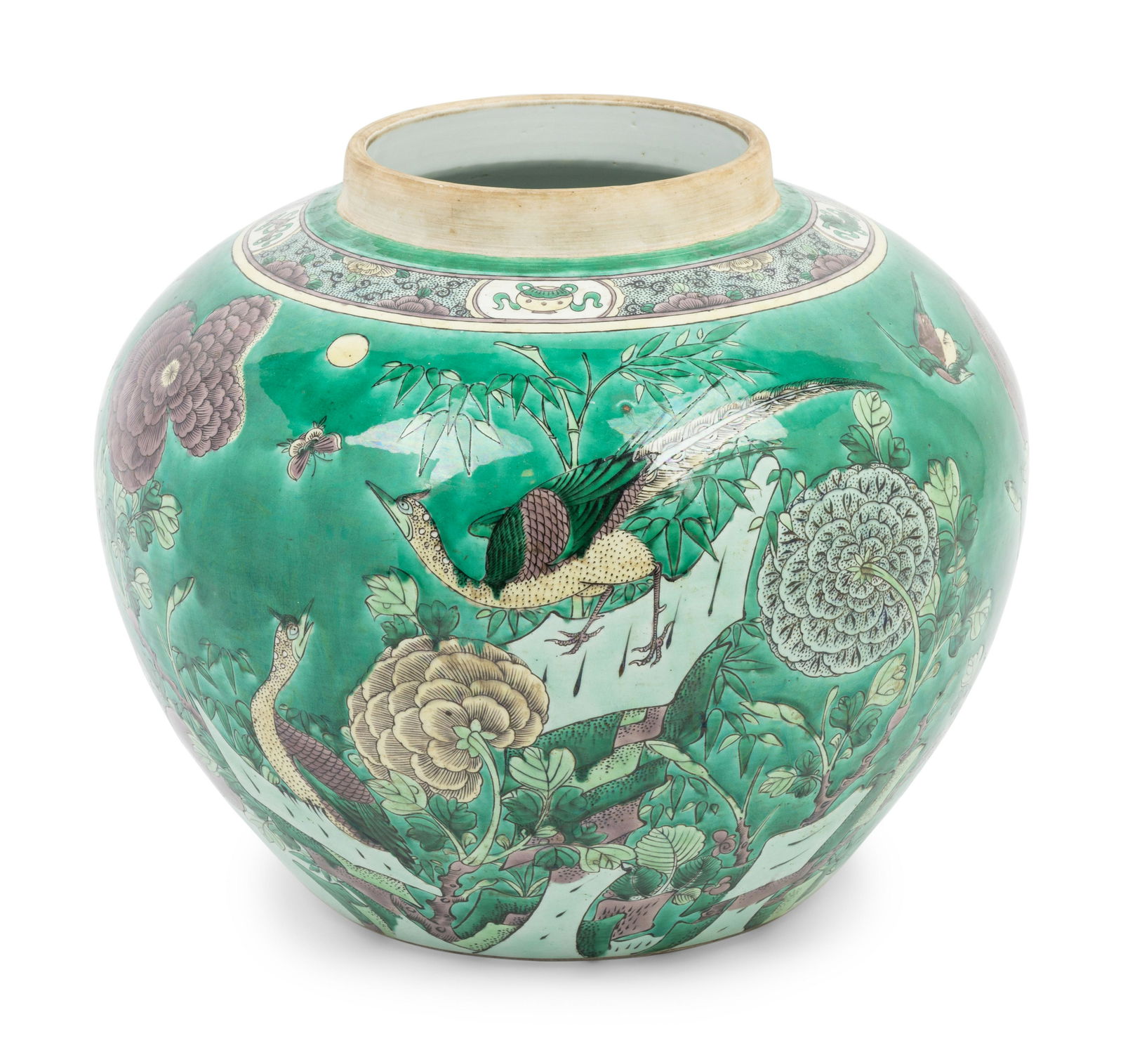 A Large Chinese Export Famille Verte Porcelain Covered Jar and A Chinese Painted Stoneware Cachepot (1 of 7)
