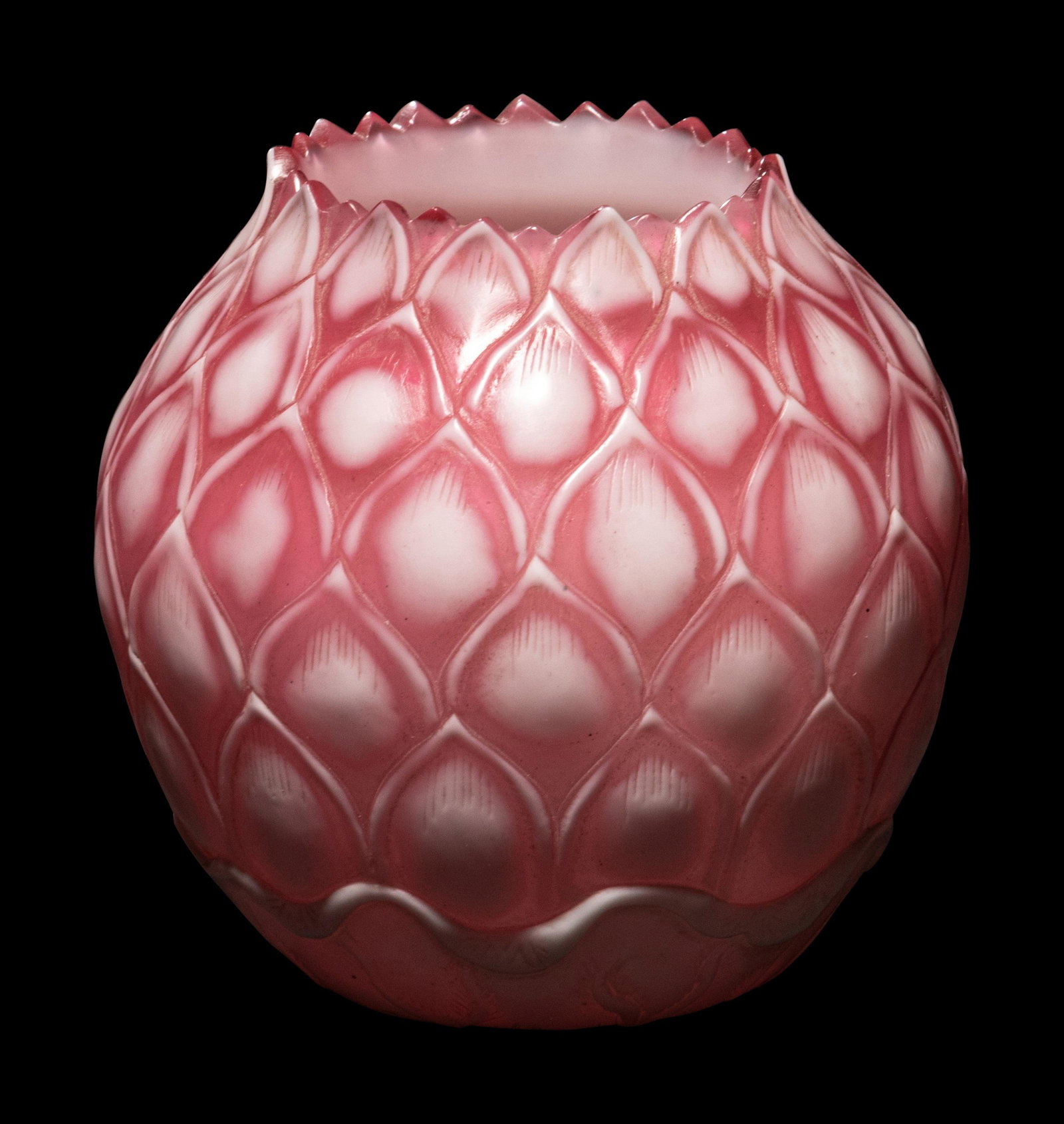 A Chinese Peking Glass 'Lotus' Brushwasher: A Chinese Peking Glass 'Lotus' Brushwasher of white and rose overlay molded with layers of petals rising to a serrated mouth rim. Height 3 in., 7.6 cm.