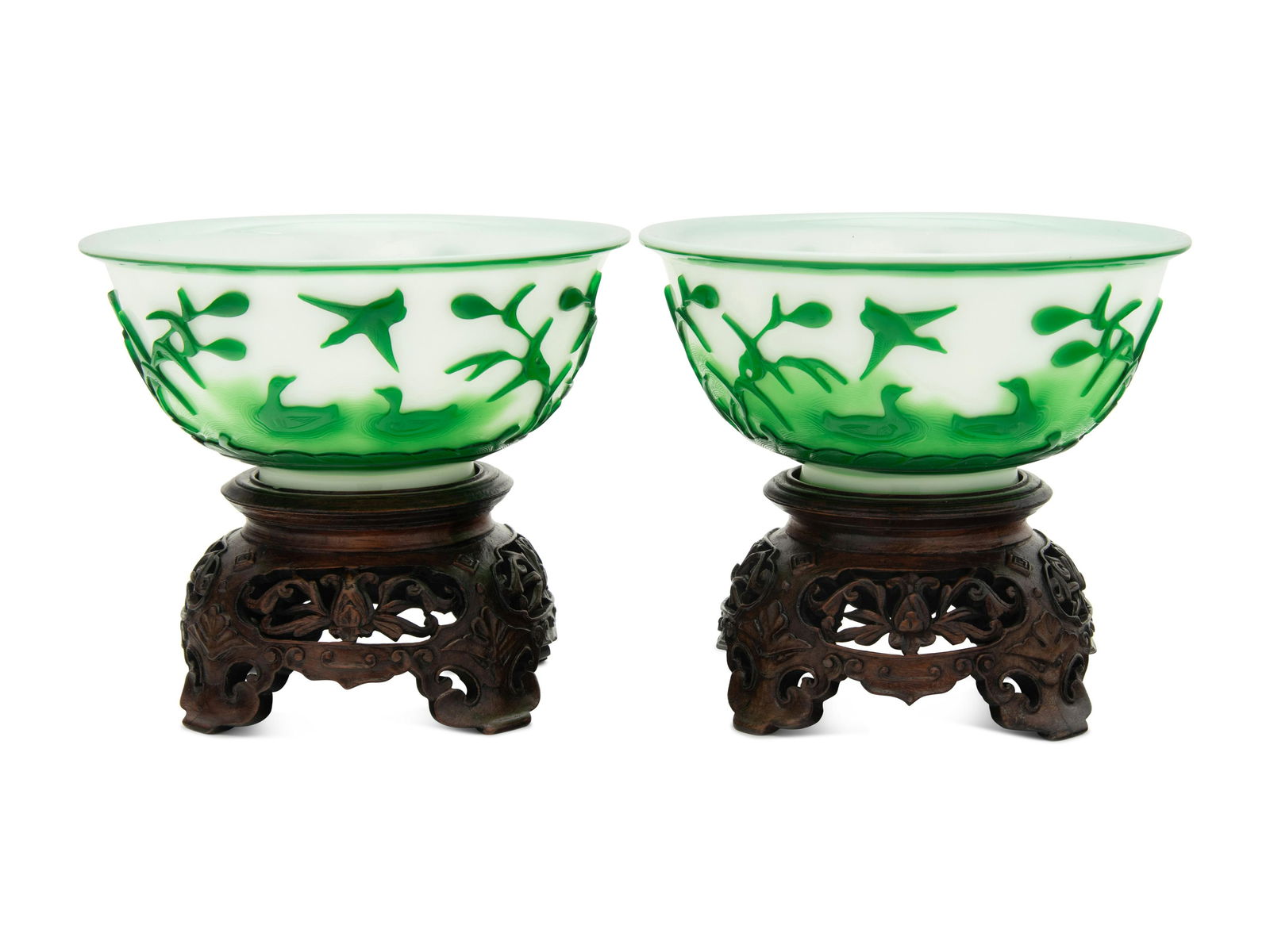 A Pair of Chinese Green Overlay White Peking Glass Bowls (1 of 3)