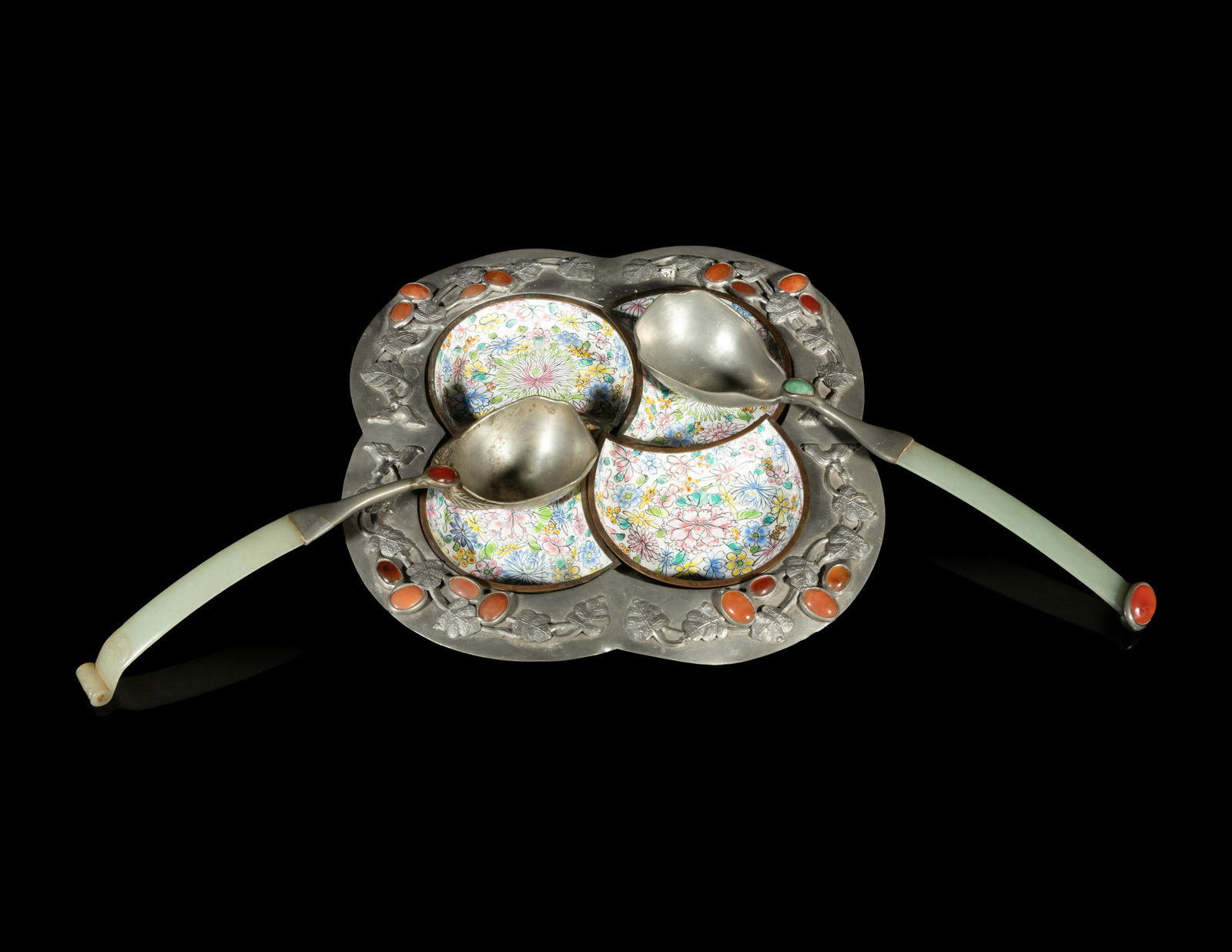 A Set of Three Chinese Pewter and Painted Canton Enamel Wares (1 of 4)