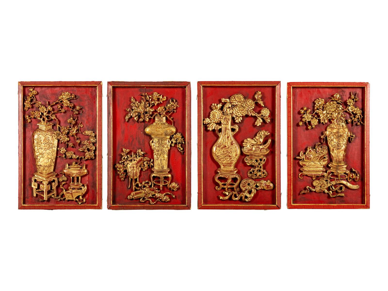 A Set of Four Chinese Gilt and Red Lacquered Wood 'Four Seasons' Panels (1 of 8)