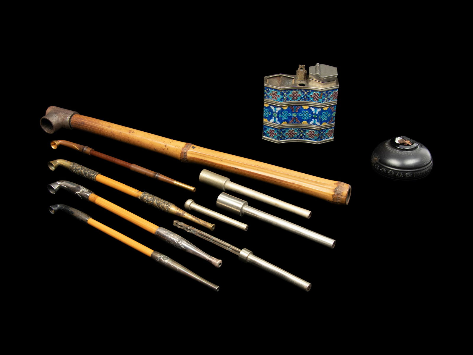 Five Chinese and Japanese Metal Mounted Bamboo Smoking Pipes (1 of 6)