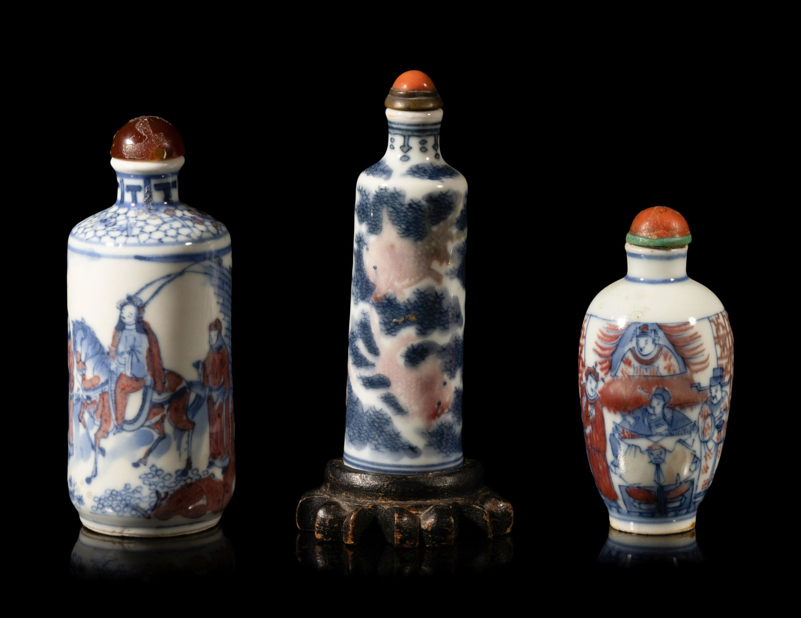 Three Chinese Copper Red and Underglaze Blue Porcelain Snuff Bottles (1 of 3)