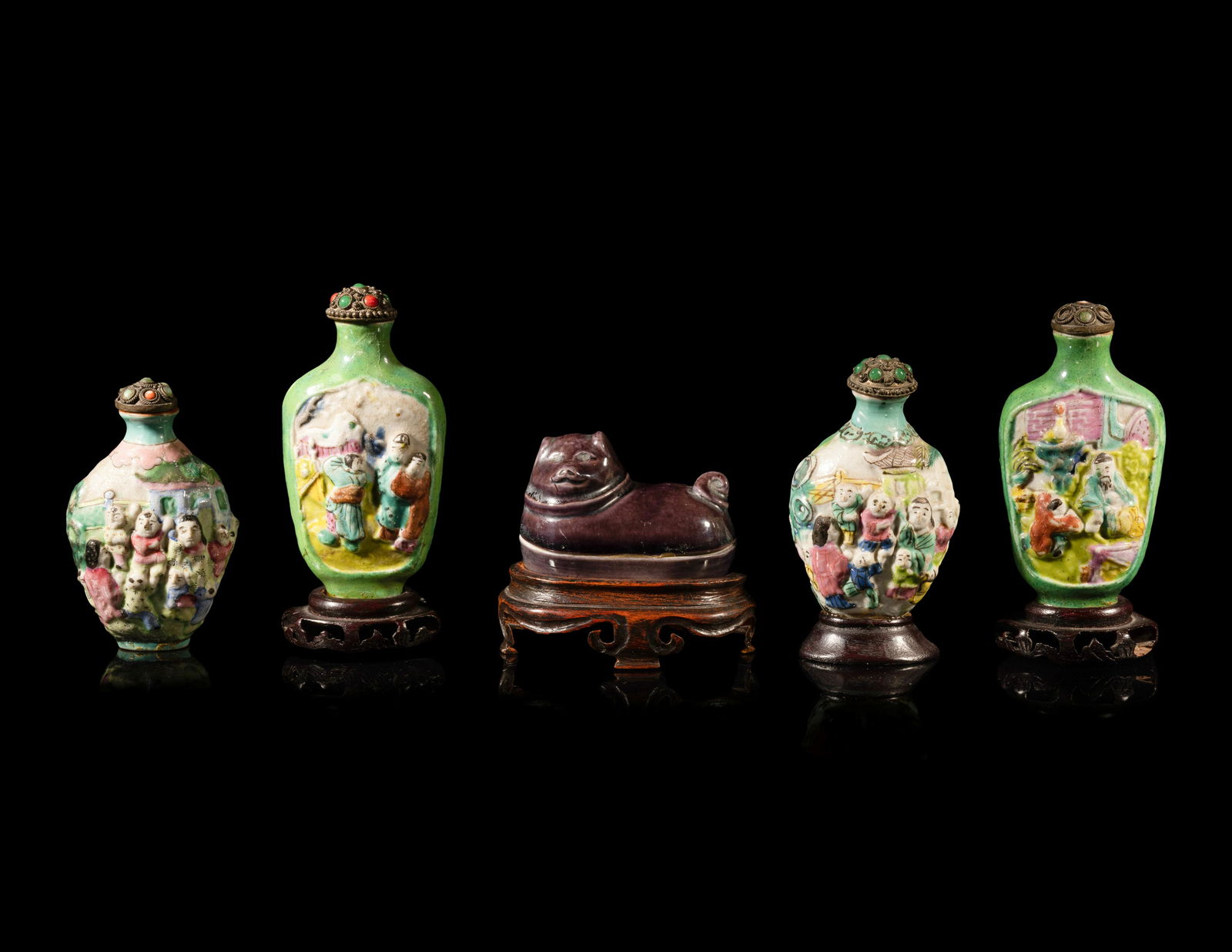 Four Chinese Famille Rose Porcelain Snuff Bottles and A Aubergine Glazed Porcelain Dog-Form Paper (1 of 3)