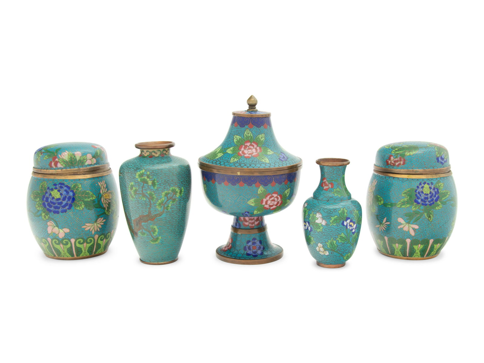 Five Chinese Turquoise Ground Cloisonné Enamel Articles (1 of 3)