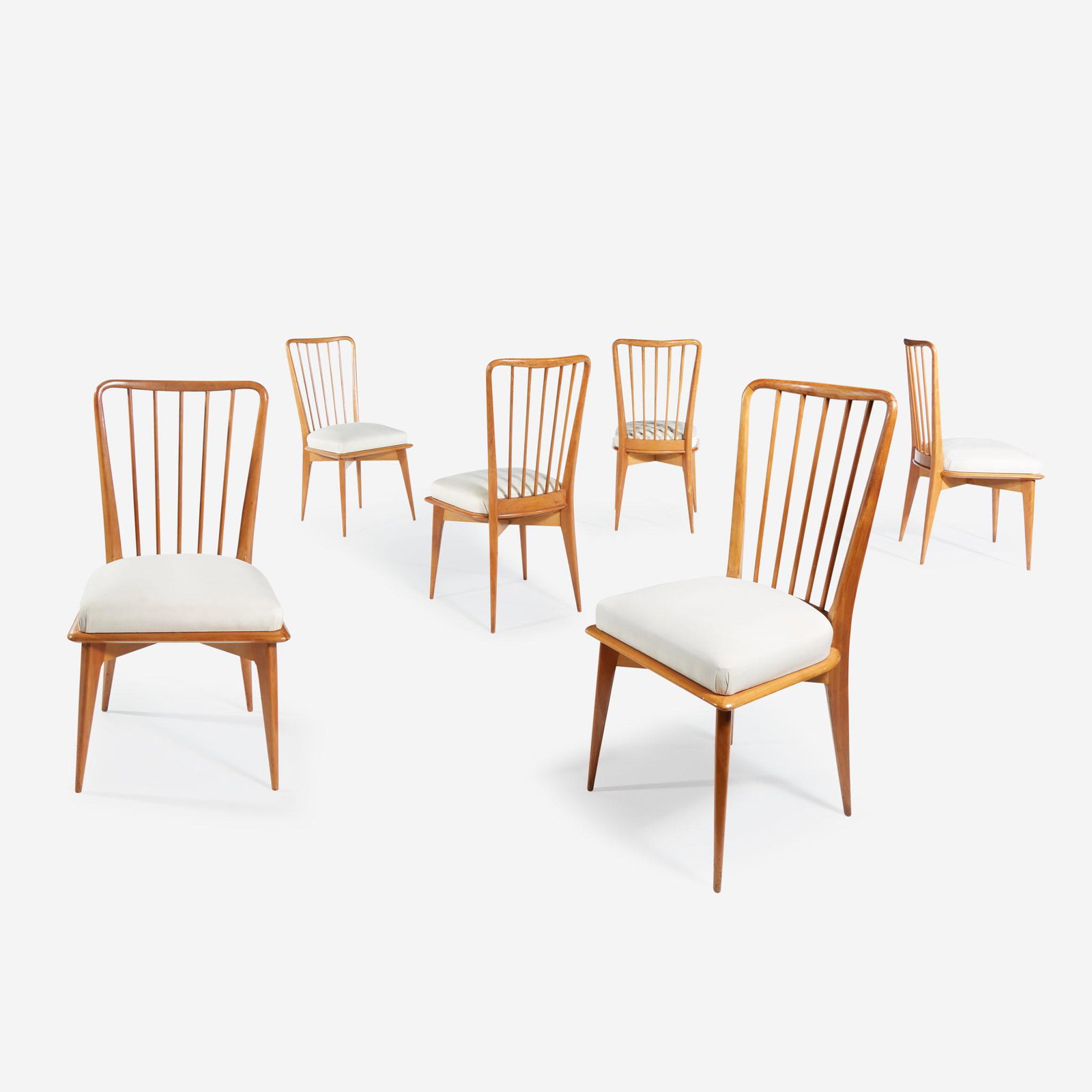 European Modern A Set of Six Dining Chairs, possibly Italian, circa 1950: European Modern A Set of Six Dining Chairs, possibly Italian, circa 1950 Maple, muslin upholstery Chalk inscription to undersides: "Meunier" (H: 35, W: 17, D: 16 in. (overall), H: 18 in. approx. (seat