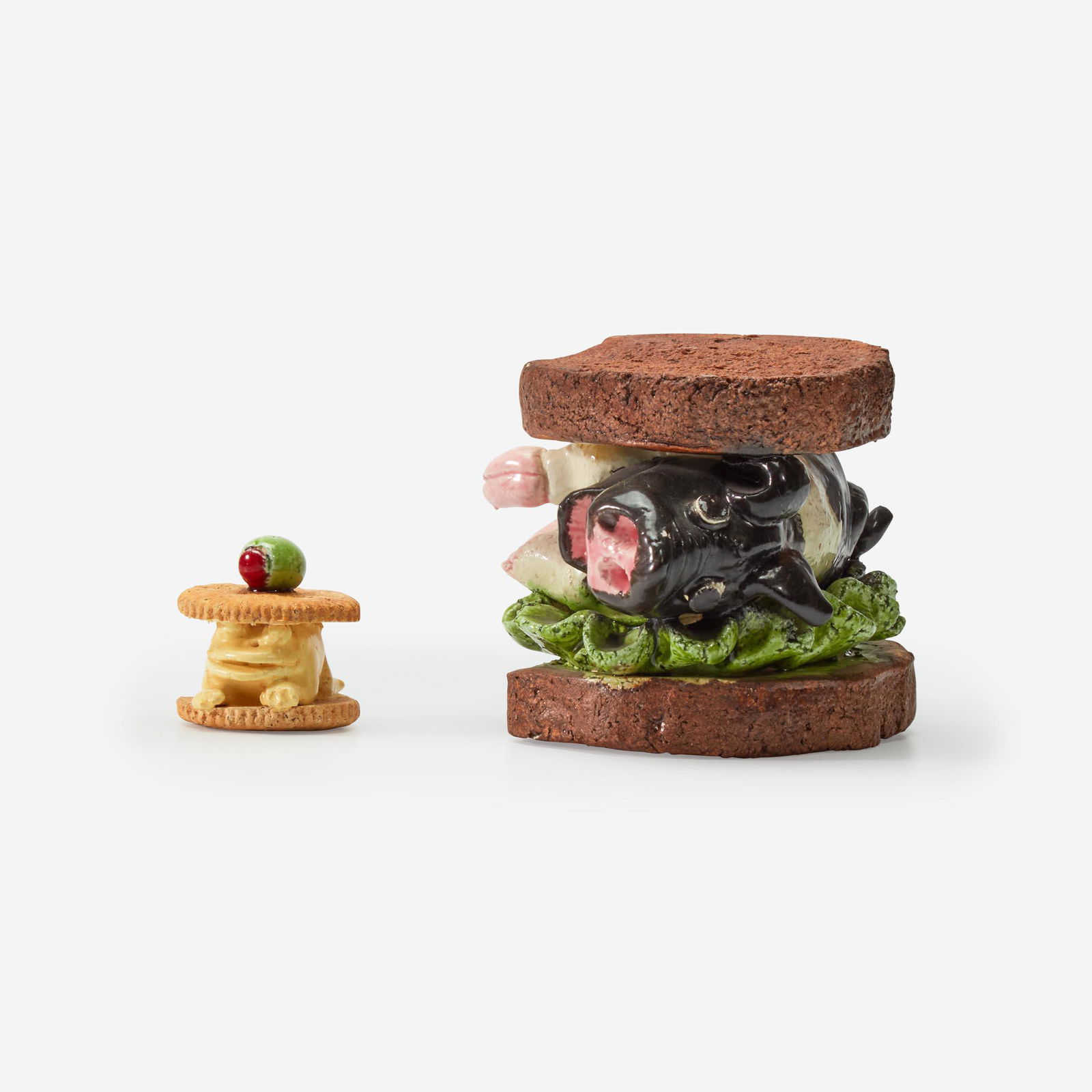 David Gilhooly Two Works: "Pork Sandwich" and "Cheez Whiz Frog on Ritz", USA, circa 1982 (1 of 2)