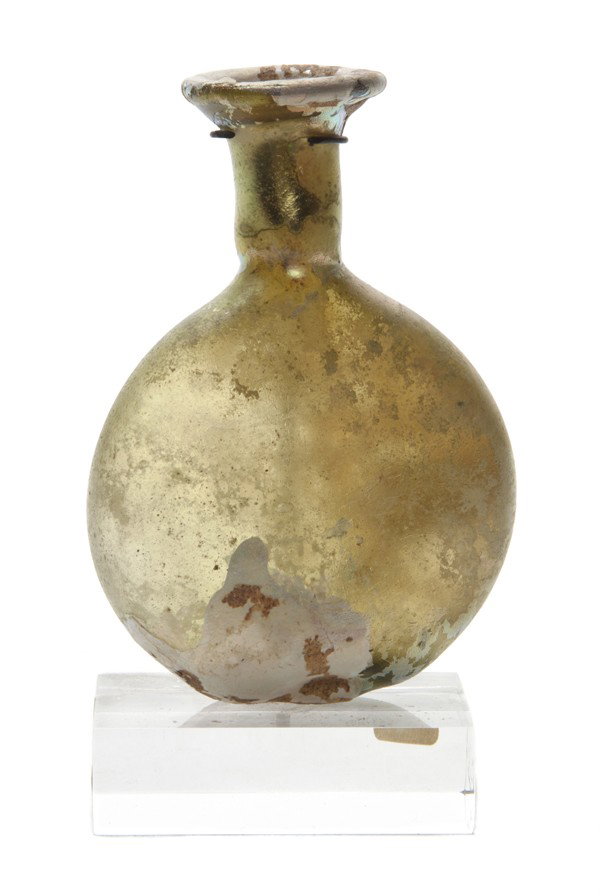 A Roman Glass Bottle, Height 4 1/2 inches.: A Roman Glass Bottle, set on a lucite base. Height 4 1/2 inches.