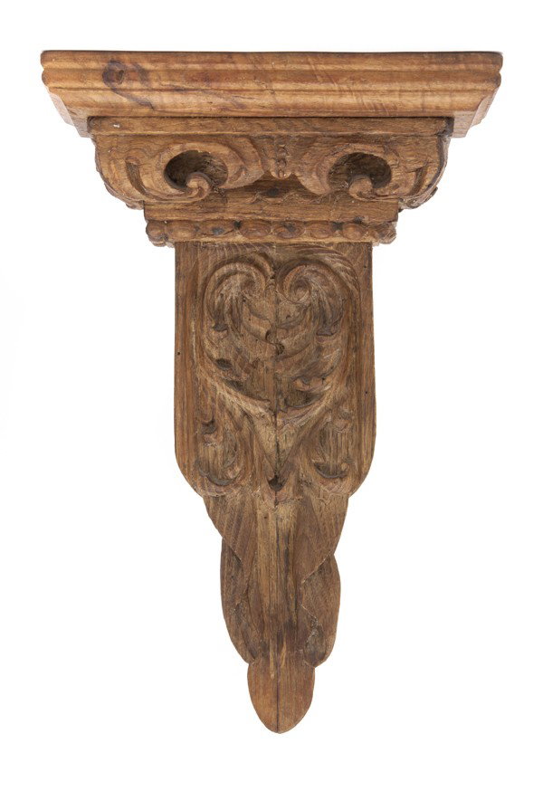 A Continental Carved Wood Wall Bracket, Height 16 : A Continental Carved Wood Wall Bracket, having a rectangular top over the acanthus leaf carved vertical support. Height 16 7/8 inches. Property from the Collection of Mr. and Mrs. John F. Monroe, Milw