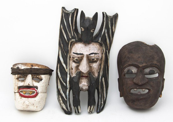 A Group of Three Mexican Wood Masks, Height of tal: A Group of Three Mexican Wood Masks, having polychrome decoration. Height of tallest 18 inches. Property from the Collection of Mr. and Mrs. John F. Monroe, Milwaukee, Wisconsin