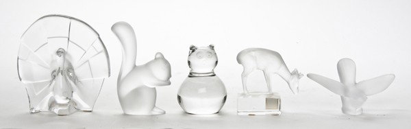 A Collection of French Glass Paperweights, Height : A Collection of French Glass Paperweights, mostly Baccarat, including a turkey, a cat, a bird, and a squirrel, together with a Lalique Le Daim paperweight. Height of tallest 4 3/4 inches. Property fro