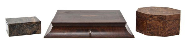 A Group of Three Decorative Boxes, Length of first: A Group of Three Decorative Boxes, of various forms and decoration, comprising an inlaid example, a stone example and an octagonal example. Length of first 14 x width 12 inches.