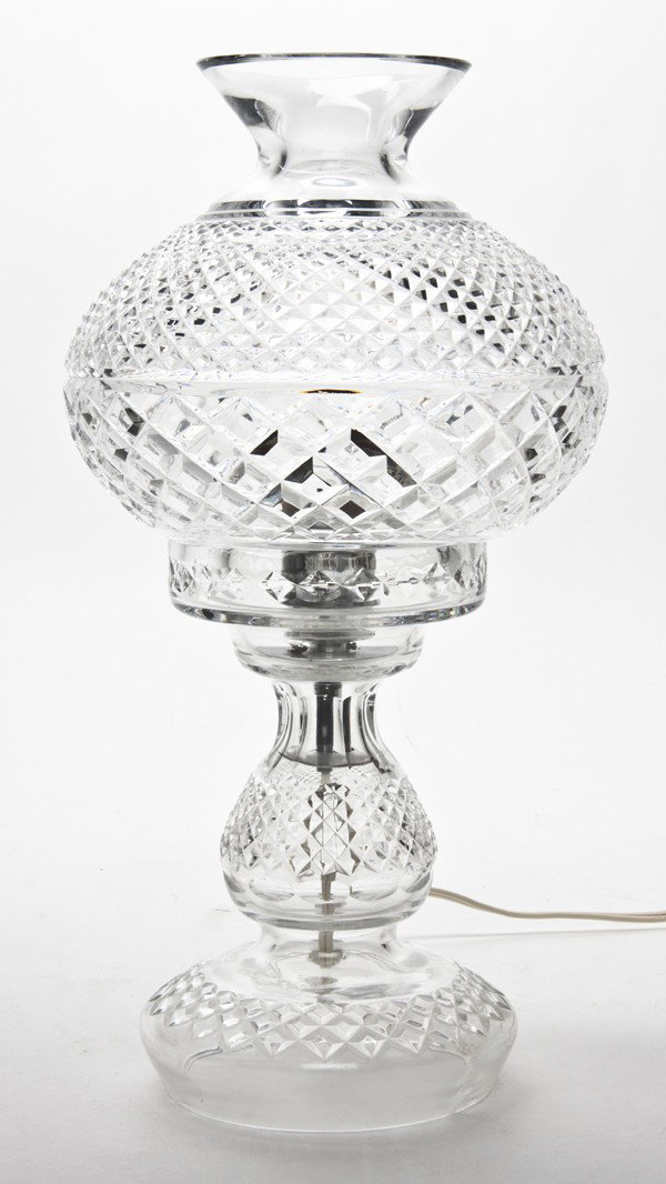 A Waterford Cut Glass Lamp, Height 13 1/2 inches.: A Waterford Cut Glass Lamp, the shade and base with diamond cut pattern. Height 13 1/2 inches. From the Collection of William Kentor of Highland Park, Illinois