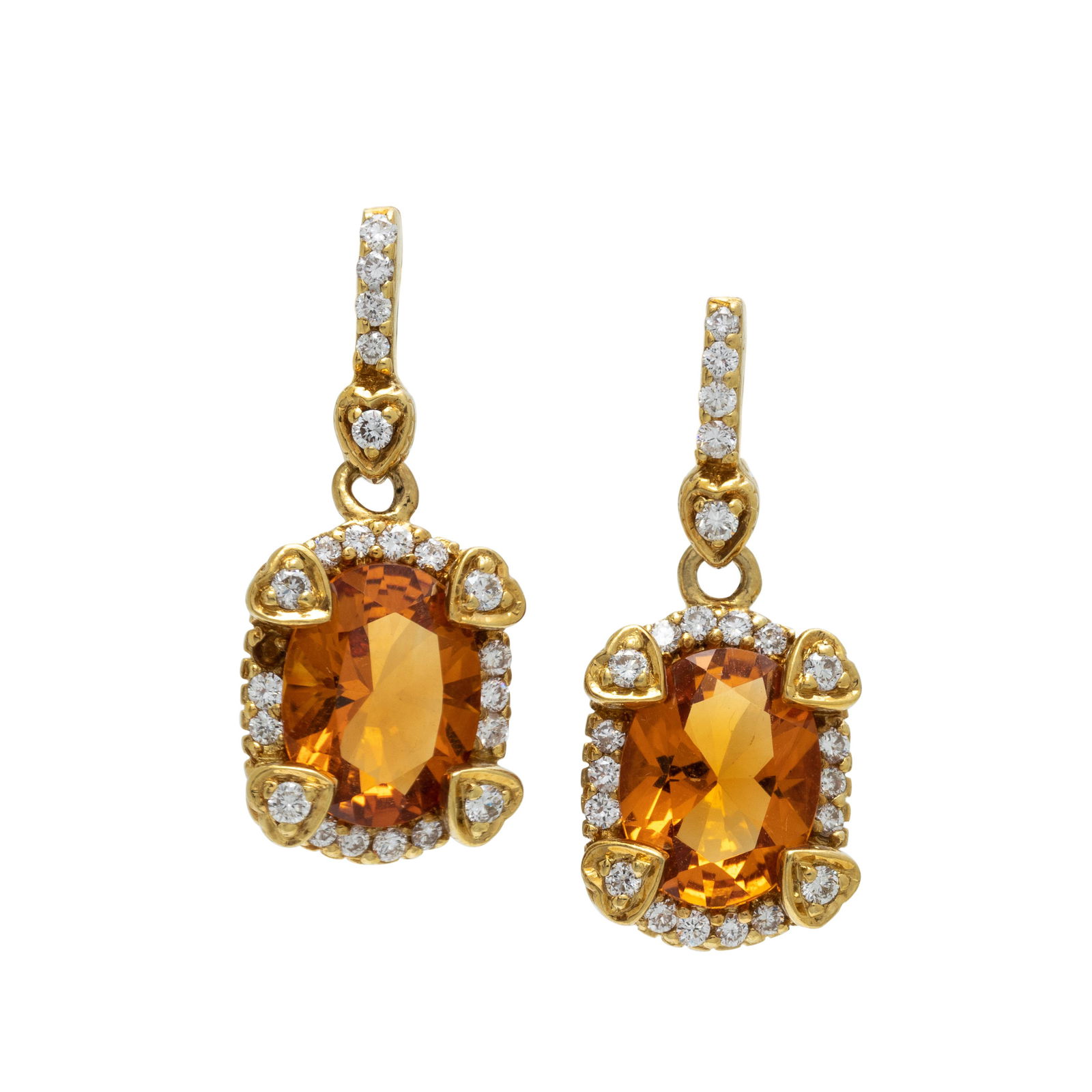 JUDITH RIPKA, CITRINE AND DIAMOND EARRINGS: JUDITH RIPKA, CITRINE AND DIAMOND EARRINGS Containing two oval mixed cut citrines and 46 round brilliant cut diamonds weighing approximately 0.40 carat total. Mounted in yellow gold. 7/8 inch long. St