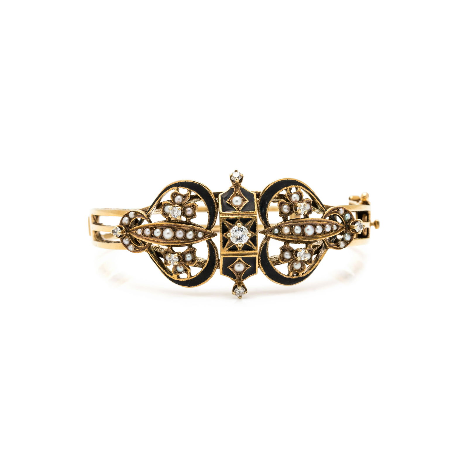 YELLOW GOLD, DIAMOND, SEED PEARL AND ENAMEL BANGLE BRACELET (1 of 2)