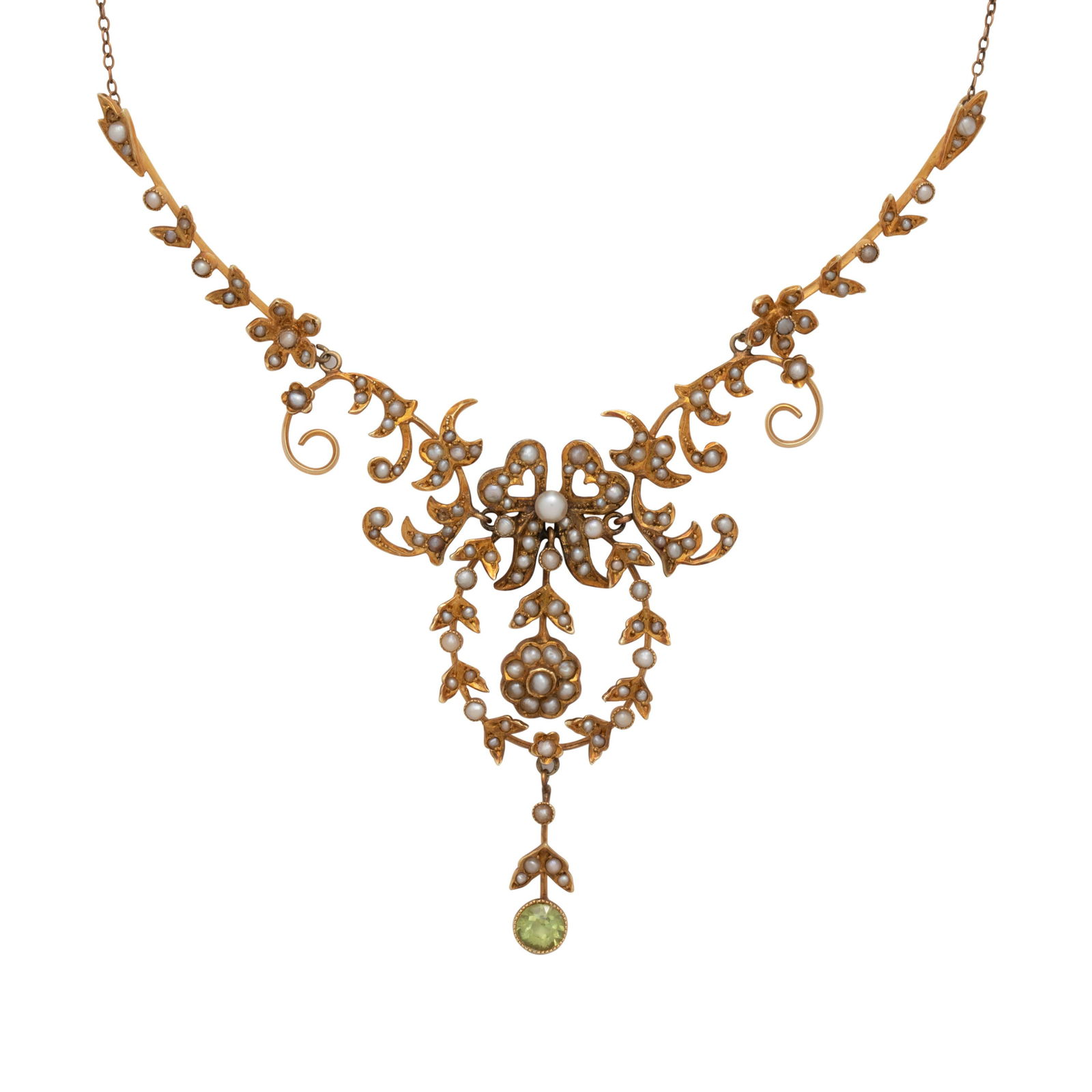 ANTIQUE, YELLOW GOLD, SEED PEARL AND PERIDOT NECKLACE (1 of 3)