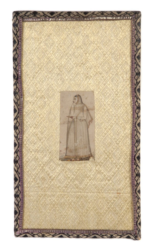 An Indian Miniature Leaf, Height 3 3/4 x width 1 5: An Indian Miniature Leaf, depicting a lady, set in a glazed gilt fabric frame and later fitted case. Height 3 3/4 x width 1 5/8 visible. Property from the William H. Moore Trust, Dorset, Vermont