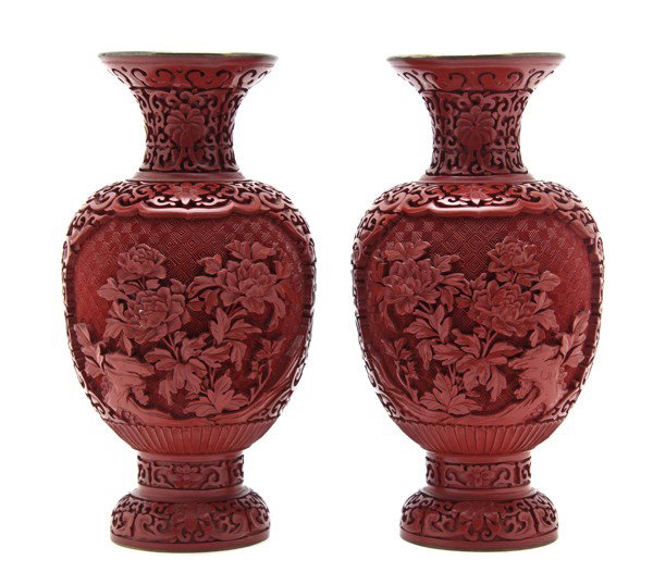 A Pair of Chinese Cinnabar Lacquer Vases, Height 1: A Pair of Chinese Cinnabar Lacquer Vases, each of baluster form, with floral decoration. Height 10 inches.