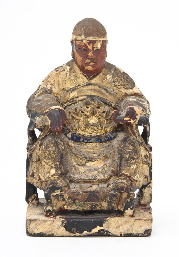A Chinese Carved Wood Figure of a General, Height : A Chinese Carved Wood Figure of a General, depicted in a seated position upon a throne chair with gilt decoration. Height 6 1/2 inches. Property from the Collection of Mr. and Mrs. John F. Monroe, Mil