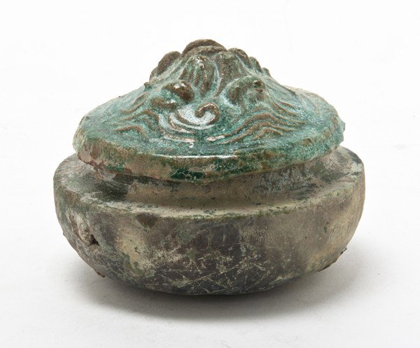 A Chinese Lidded Tomb Jar, Width 4 inches.: A Chinese Lidded Tomb Jar, Han Dynasty, having an iridescent green glaze. Width 4 inches. Property from the Collection of Mr. and Mrs. John F. Monroe, Milwaukee, Wisconsin