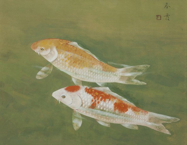 A Japanese Painting of Two Koi, Height 15 1/2 x wi: A Japanese Painting of Two Koi, the bright orange colored fish depicted atop a pale green reserve. Height 15 1/2 x width 20 inches. Property from the Collection of Mr. and Mrs. John F. Monroe, Milwauk