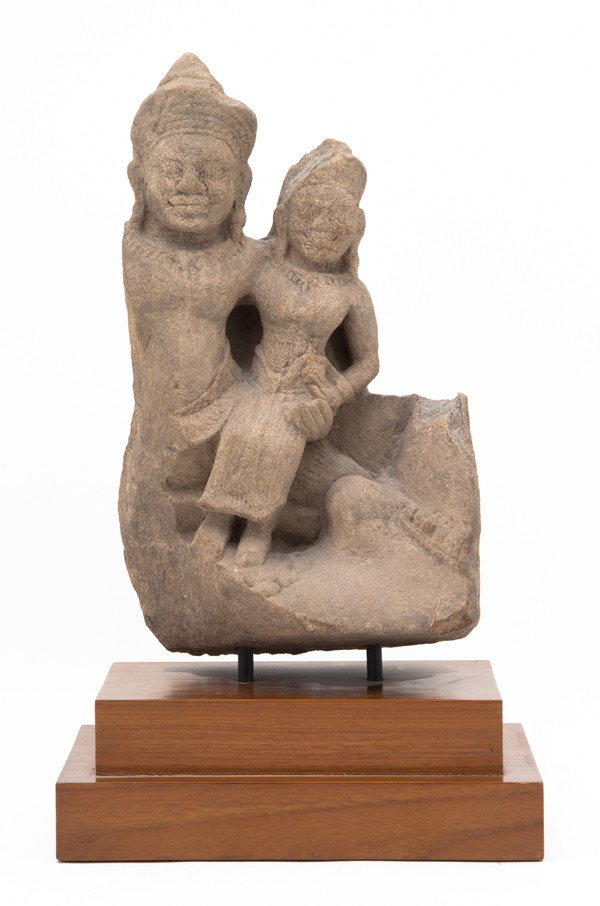 A Khmer Sandstone Figural Fragment, Height 12 3/4 : A Khmer Sandstone Figural Fragment, the architectural fragment depicting a larger figure with smaller child on his knee. Height 12 3/4 inches. Property from the Collection of Mr. and Mrs. John F. Monr