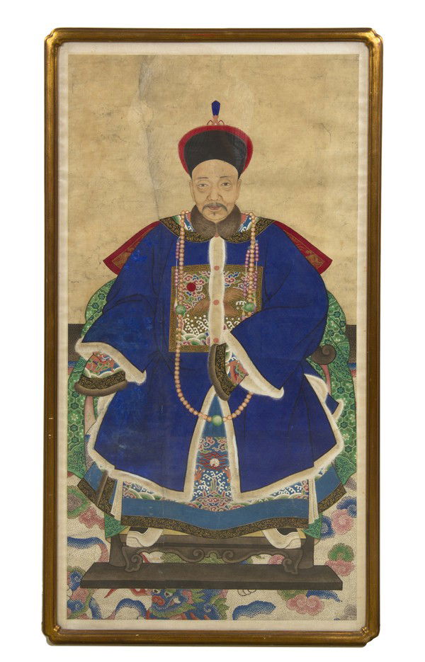 A Chinese Ancestral Portrait, Height 43 3/4 x widt: A Chinese Ancestral Portrait, depicting a male official in circular Mandarin hat with blue robe having rank badge of a goose at front with white fur lining, seated atop a traditional hardwood chair, f