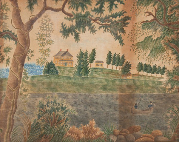 American School, (19th century), Fishing by the Ho: American School (19th century) Fishing by the Homestead mixed media on paper 16 x 19 1/2 inches. Property from the William H. Moore Trust, Dorset, Vermont