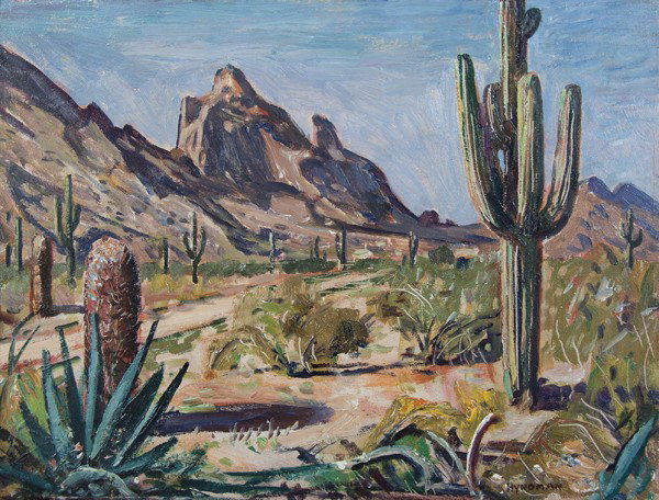Robert Hyndman, (American, b. 1915), Desert Scene,: Robert Hyndman (American, b. 1915) Desert Scene, 1952 oil on board signed Hyndman and dated (verso) 17 x 25 inches. Property from the Estate of Tom G. and Mary Jane McClain, Phoenix,