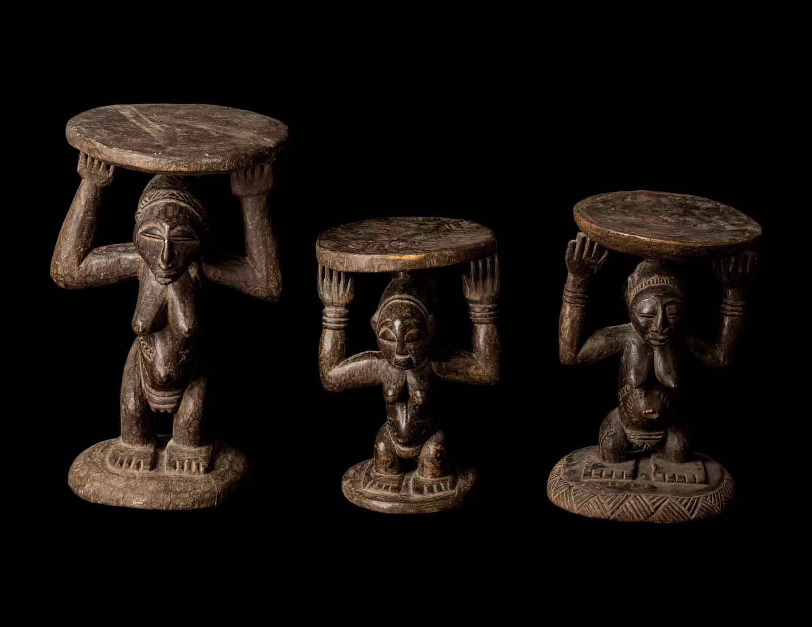 Three Hemba Wood Stools Height of largest 16 inches (40.64 cm). (1 of 5)