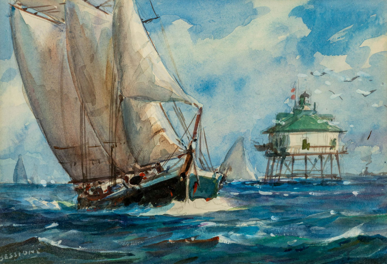 James Milton Sessions (American, 1882-1962) Sailing and Harbor Scenes (a group of three works) (1 of 13)