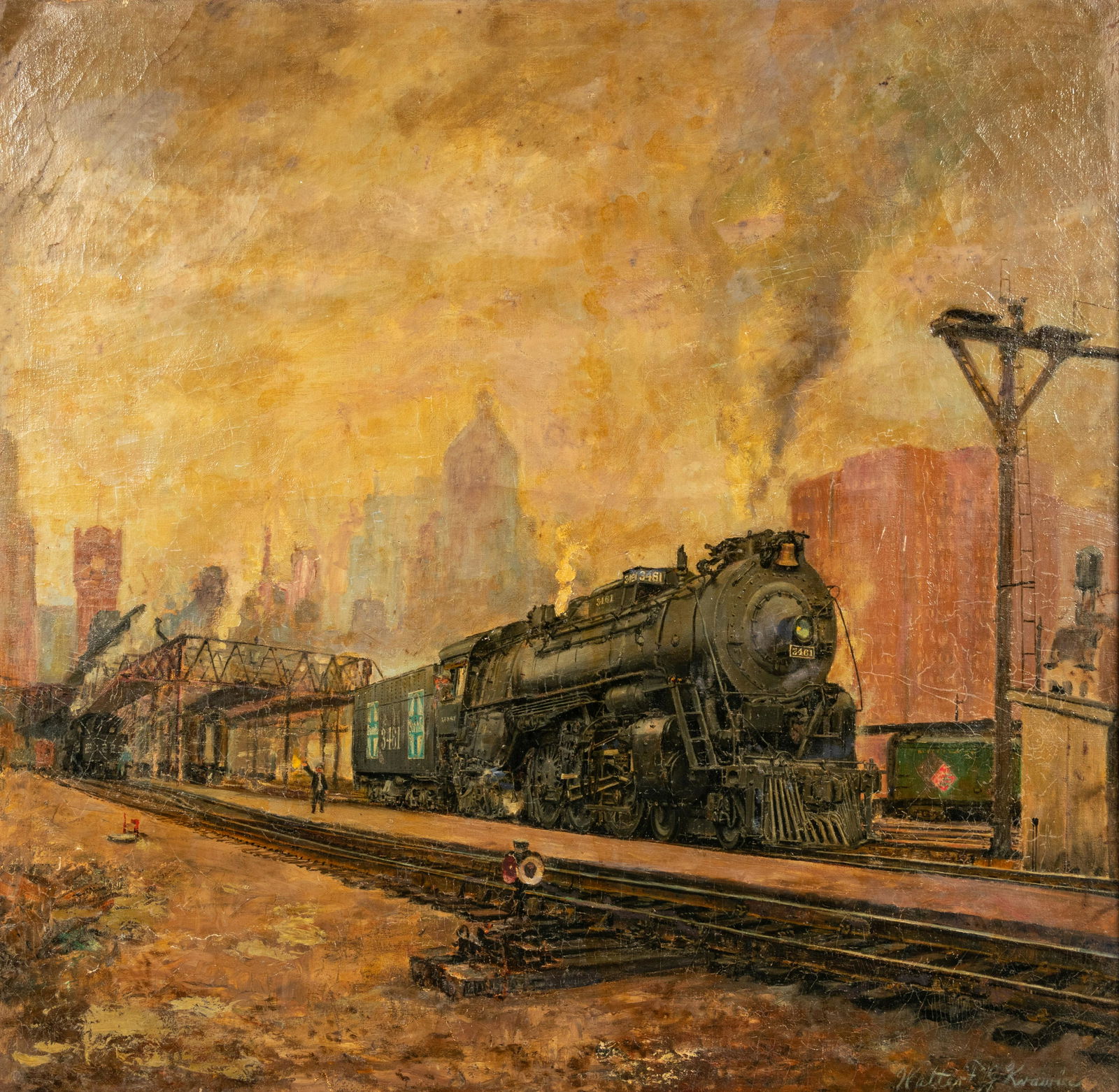 Walter Krawiec (American, 1889-1982) Locomotive in Train Yard with City in Distance (1 of 5)