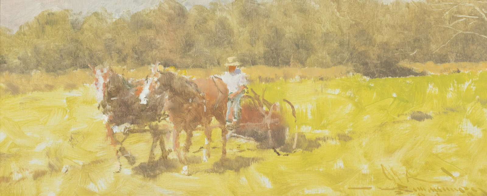 Charles Warren Mundy (American, b. 1945) Mowing Hay, 2005: Charles Warren Mundy (American, b. 1945) Mowing Hay, 2005 oil on canvas signed CW Mundy OPA and dated (lower right); titled (verso) 8 x 19 inches. Property from the Carmen S. Holeman Trust, Indianapol