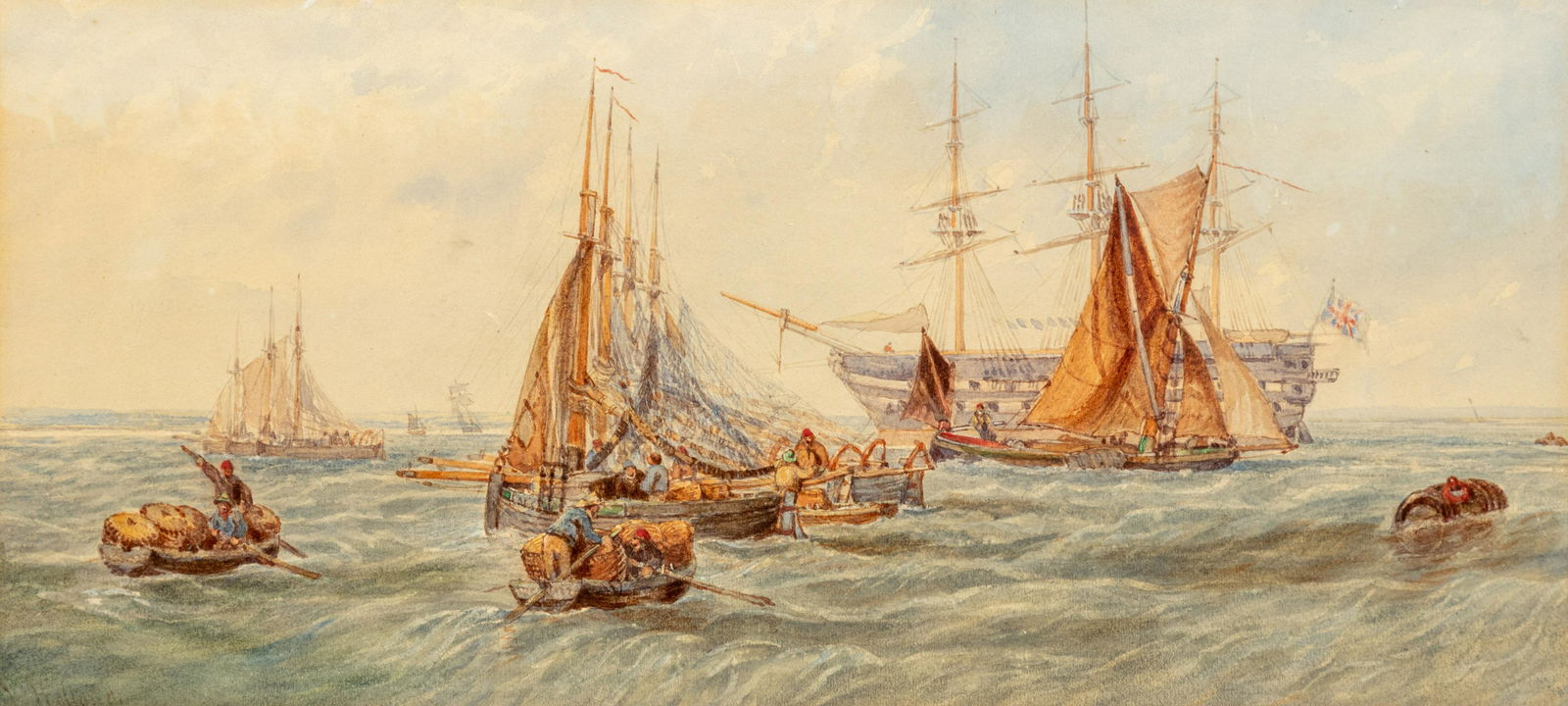 James Holland (British, 1799-1870) Harbor Scene with Warship and Dinghies (1 of 4)