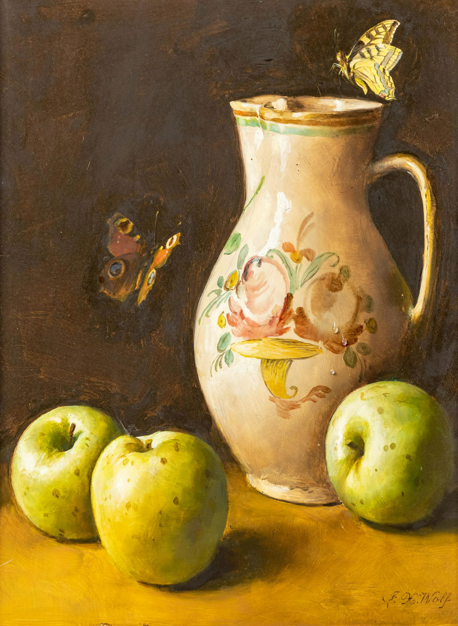 Franz Xaver Wolf (Austrian, 1896-1989) Still Life with Apples, Butterflies, and Pitcher: Franz Xaver Wolf (Austrian, 1896-1989) Still Life with Apples, Butterflies, and Pitcher oil on panel signed F. X. Wolf (lower right) 14 x 12 inches. Property from the Collection of Dominic Pangborn, G
