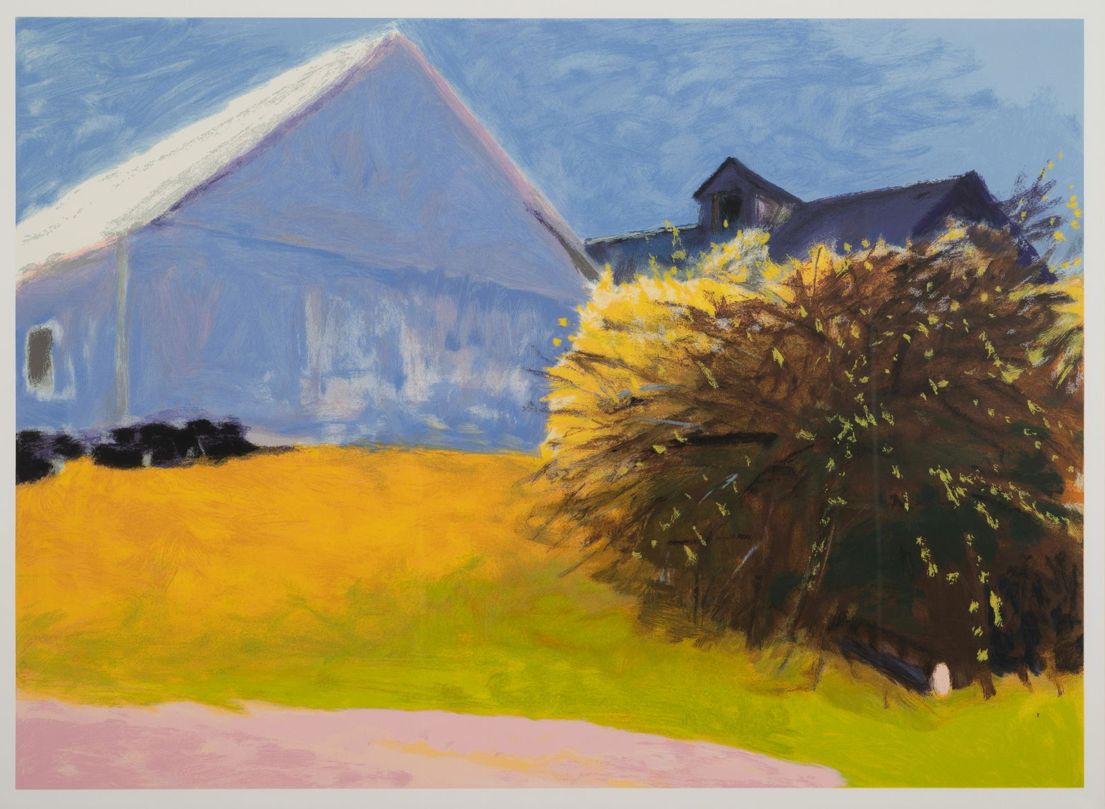After Wolf Kahn (American, 1927-2020) Barn and Forsythia III: After Wolf Kahn (American, 1927-2020) Barn and Forsythia III offset print 27 3/4 x 38 inches.