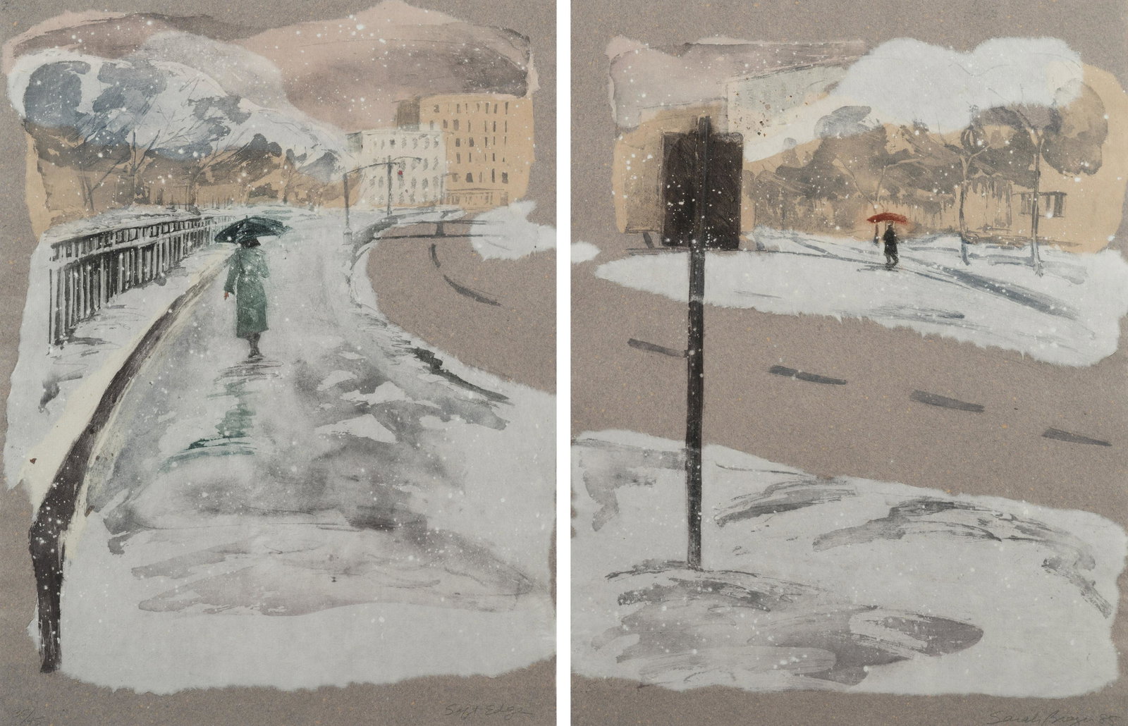 Sarah Brayer (American, b. 1957) Soft Edge (a diptych), 1985: Sarah Brayer (American, b. 1957) Soft Edge (a diptych), 1985 lithograph signed, titled, dated, and numbered 35/45 Overall: 25 3/4 x 39 1/4 inches. Provenance: Van Straaten Gallery, Chicago (label vers