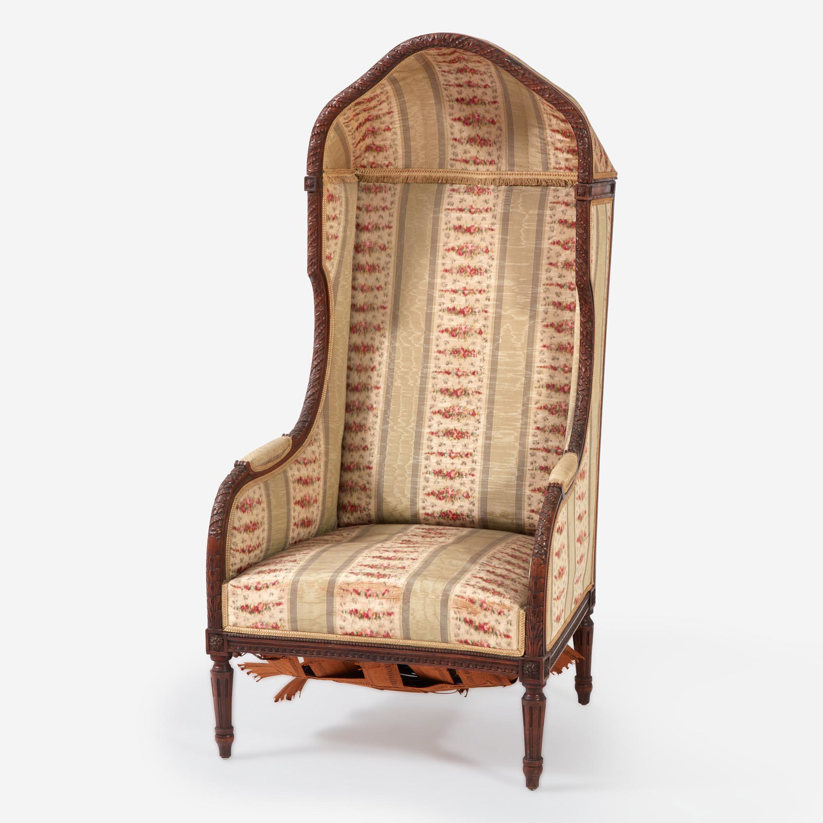 A Louis XVI Style Carved Walnut Hooded Butler's Chair late 19th century: A Louis XVI Style Carved Walnut Hooded Butler's Chair late 19th century With silk chiné upholstery. (H: 57, W: 27 1/2, D: 27 1/4 in.) Provenance Gift of Miss Lucretia Stevens Heckscher to th