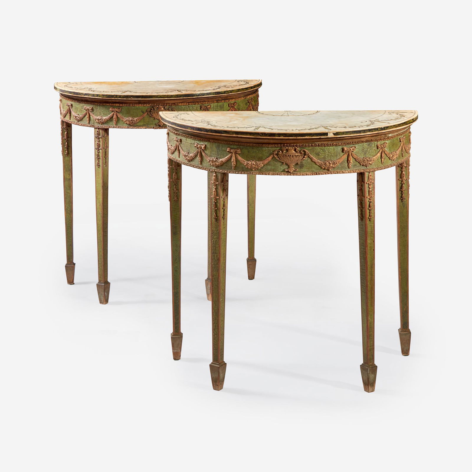 A Pair of George III Style Polychromed Carved Wood and Composition Demilune Console Tables late: A Pair of George III Style Polychromed Carved Wood and Composition Demilune Console Tables late 19th/early 20th century With inlaid marble tops. (H: 32 3/4, W: 32, D: 15 in.) Provenance Gift of M