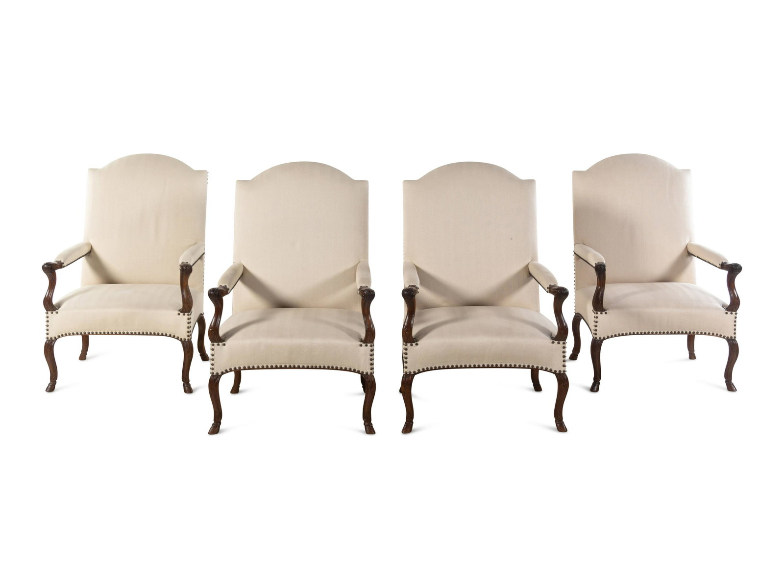 A Set of Four Regence Style Carved Walnut Library Chairs: A Set of Four Regence Style Carved Walnut Library Chairs 20th Century Height 42 x width 25 1/2 x depth 25 inches. Property from a House and Garden Designed by David Hicks, Bloomfield Hills, Michigan