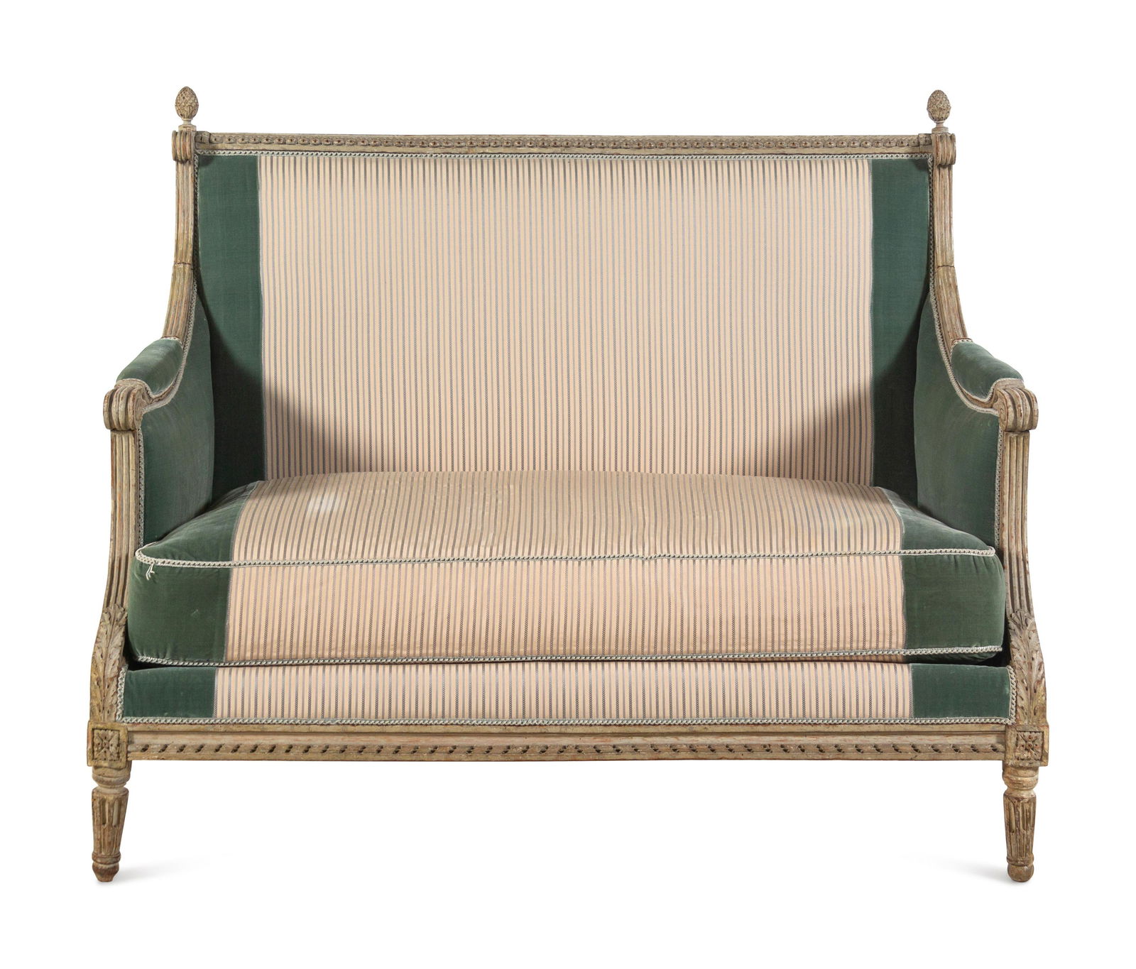 A Louis XVI Carved and Painted Canape by Jean-Baptiste-Claude Sene (French, 1748-1803): A Louis XVI Carved and Painted Canape by Jean-Baptiste-Claude Sene (French, 1748-1803) Circa 1780 Height 36 x width 41 3/4 x depth 25 inches. Property from a House and Garden Designed by David Hicks,