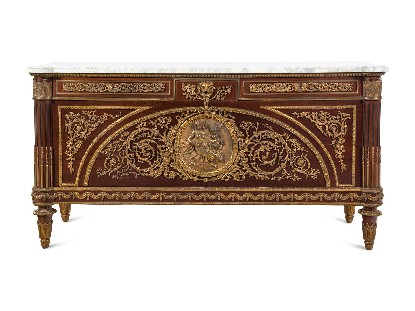A Louis XVI Style Gilt Bronze Mounted Mahogany Marble-Top Commode a Vantaux After the Model by (1 of 6)