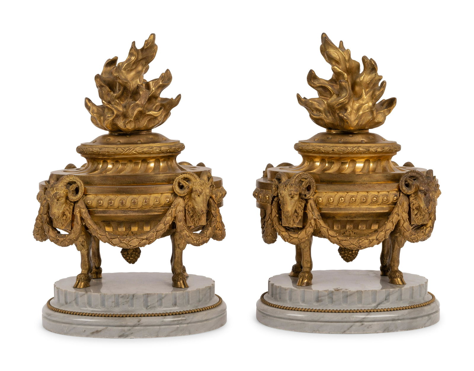A Pair of French Neoclassical Gilt Bronze and Marble 'Flaming Urn' Ornaments: A Pair of French Neoclassical Gilt Bronze and Marble 'Flaming Urn' Ornaments 19th Century Height 14 x width 8 1/2 inches. Property from a House and Garden Designed by David Hicks, Bloomfield Hills, Mi